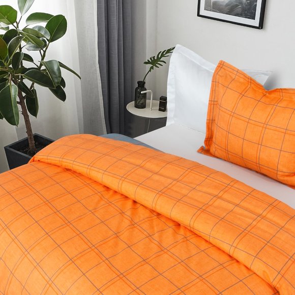 3 Pcs King Microfiber Duvet Cover Set, Orange Grid - Picture 6 of 6